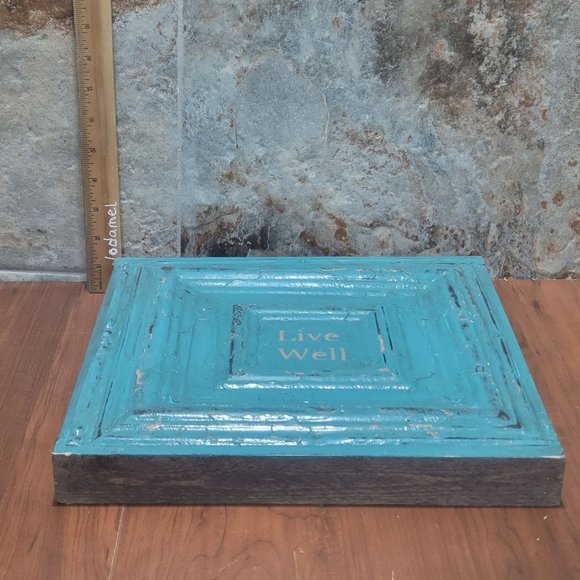 Turquoise Distressed Live Well Tin Metal on Wood Frame Hanging Wall Decor - Picture 10 of 12